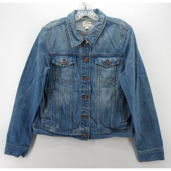 J Crew Jacket Large Trucker Denim Moto Button Up Biker Flap Pockets * - Picture 1 of 11